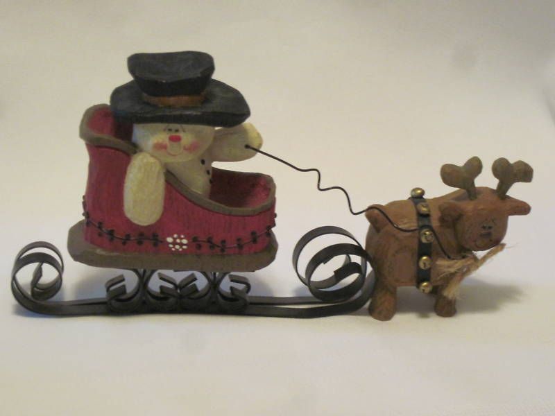 Vintage Snowman ReinDeer Sleigh Roly Resin Metal Runner  