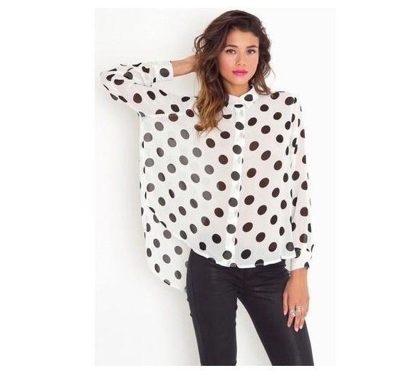 Women Polka Dot Turn Down Collar Chiffon Shirt  