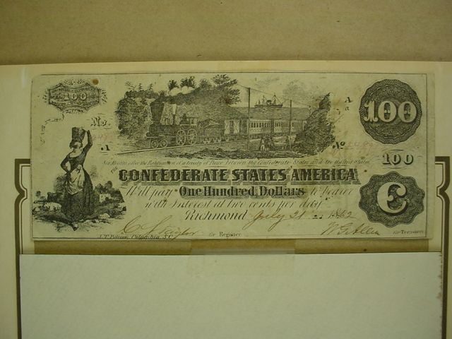 Confederate 100 Dollar Bill 1862 Framed w/Jefferson  