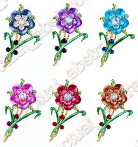 Free floral Brooch pin W Czech rhinestone&alloy 6pcs  