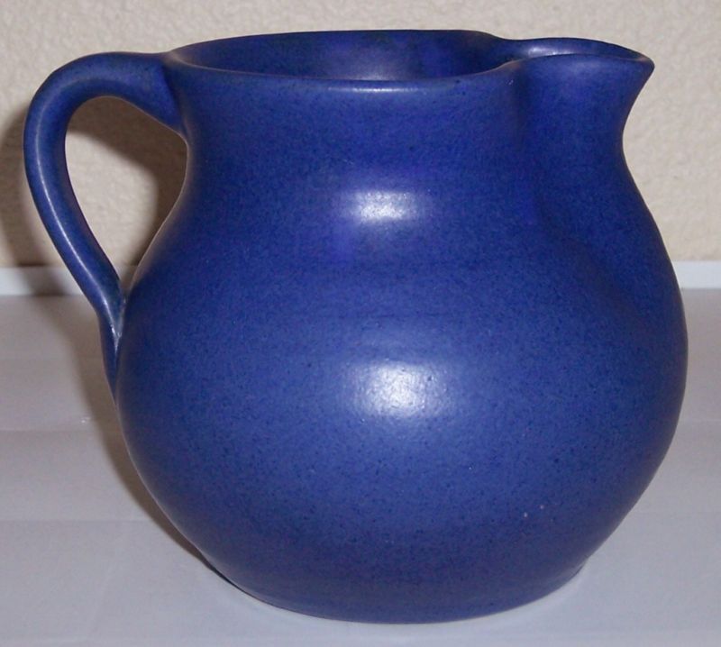 ZANESVILLE STONEWARE POTTERY BLUE WHEEL THROWN PITCHER  