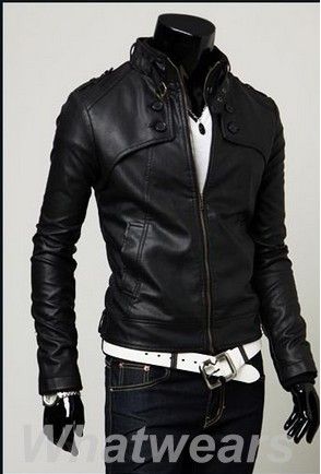 Mens Slim Fitted PU Leather Coat Jacket 2 Color 3 Size Z74  