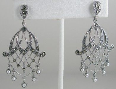   Antique 925 Sterling Seed Pearl & Marcasite Chandelier Earrings 11g