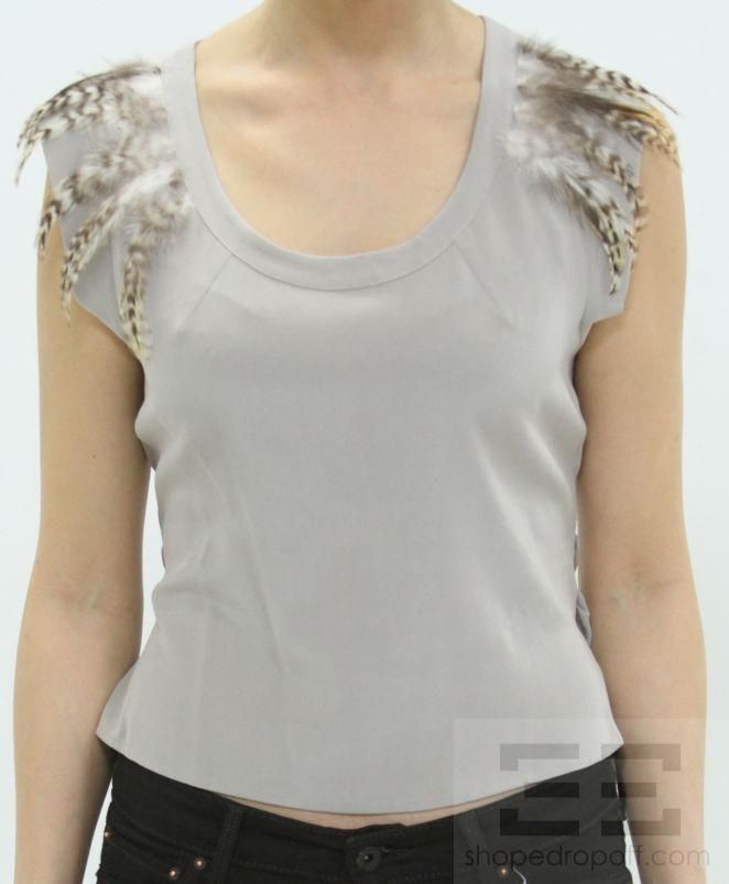 Madison Marcus Grey Silk Feather Trim Short Sleeve Top Size XS  