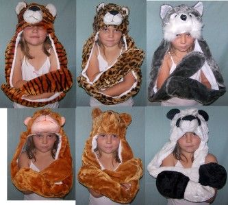 NEW ANIMAL WINTER HAT FLAP ATTACHED MITTENS PANDA BEAR HUSKY LION 