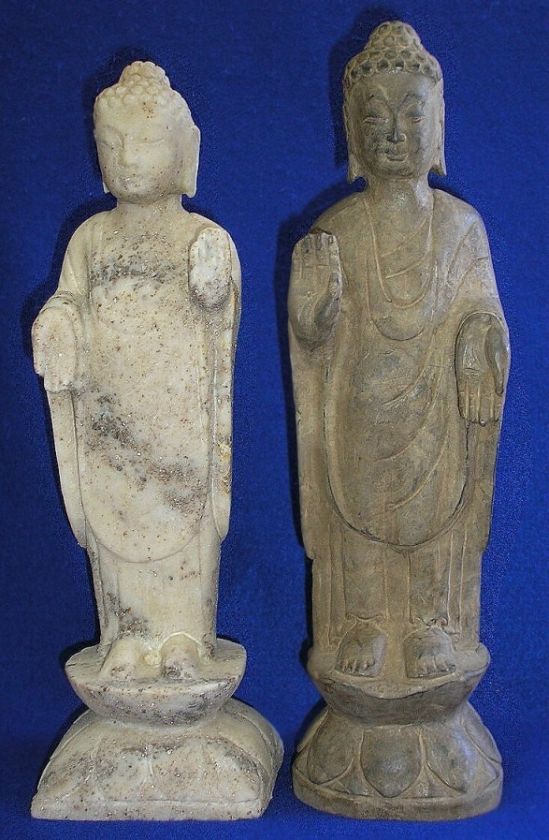 ESTATE BUDDHA STATUE PAIR 2 MARBLE + STONE CARVED QING SEGAN SEMUI IN 