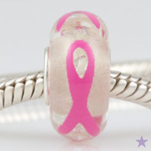 PINK Awareness RIBBON MURANO GLASS 925 Sterling Silver EUROPEAN BEAD 