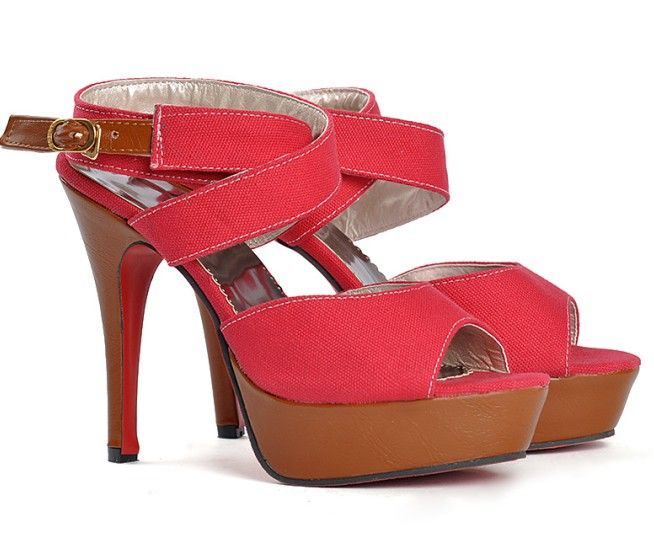 wholesale Platform Buckle Hollow Canvas High Heel Sandals Red