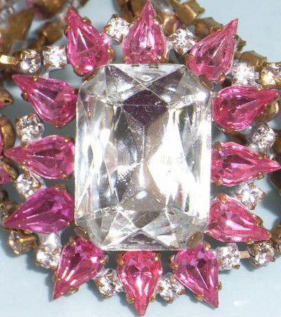 Czech Bracelet super Pink White Rhinestone Gilt Metal Bangle Vintage 