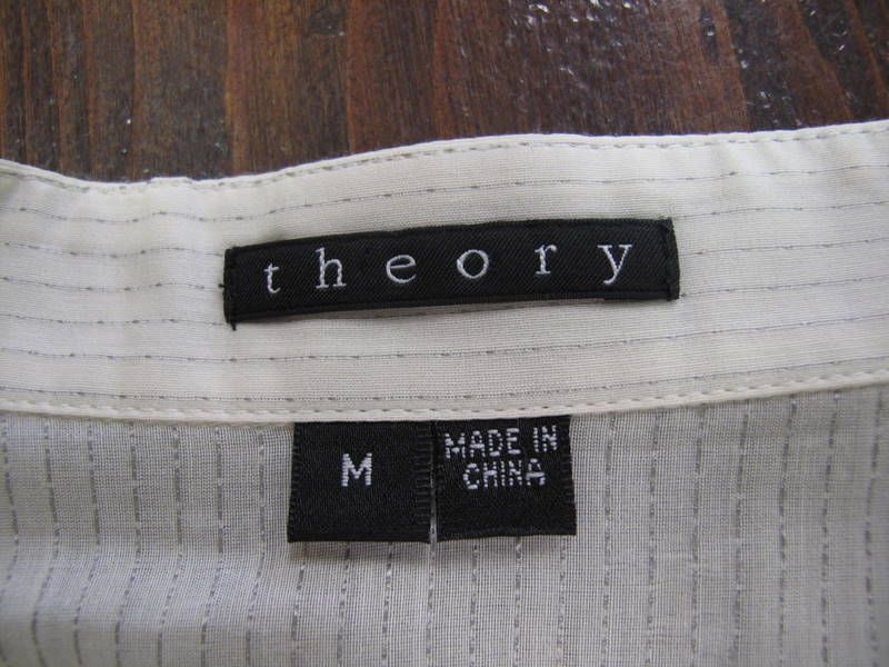 Theory Ivory/Black Pinstripe Long Sleeve Keyhole Neck Blouse M  