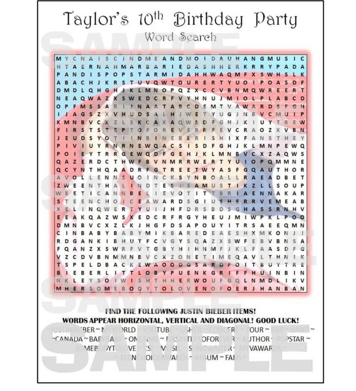 JUSTIN BIEBER birthday party PERSONALIZED WORD SEARCH  