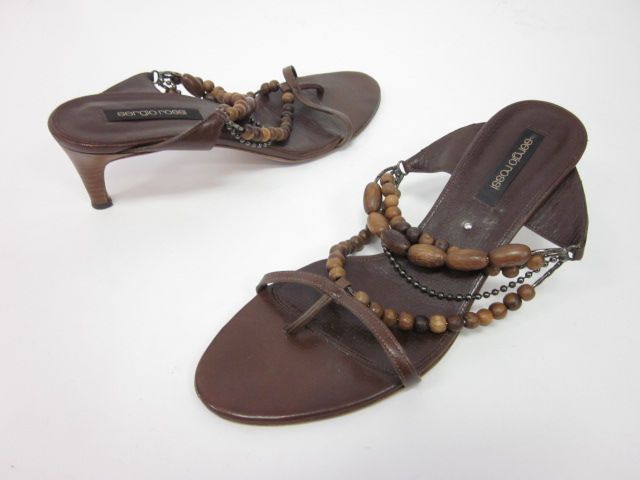 SERGIO ROSSI Brown Lthr. Beaded Sandals Thongs Sz 37/7  