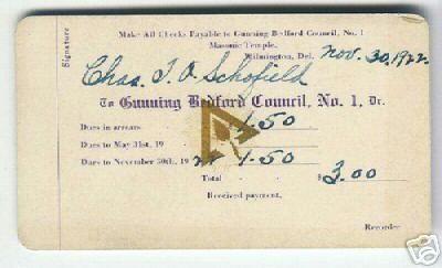 1922 Wilmington,DE Gunning Bedford Masons Dues Card  