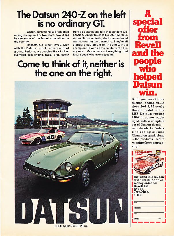 1972 Datsun 240 Z Coupe & GT Racer photo car print ad  