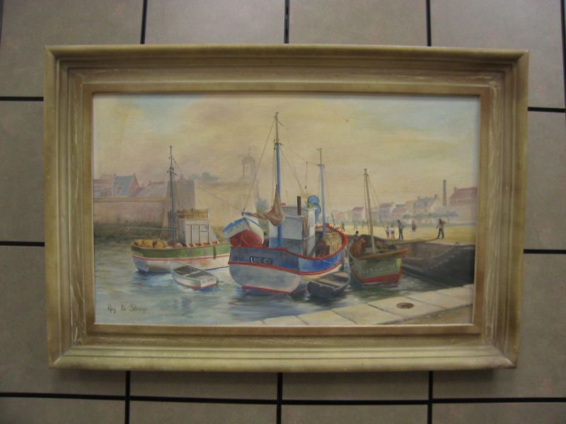 Oil on Masonite Painting of French Port by Reg B Strange  