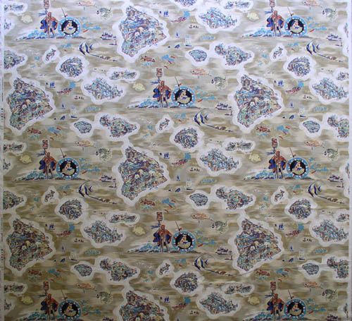   Print Fabric Cotton/Rayon 1/2 yard 59 wide ISLANDS khaki aqua  