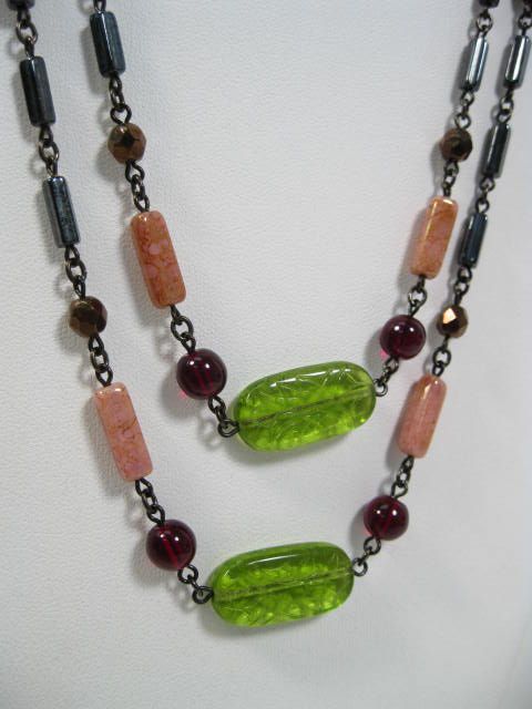 NEW BEN AMUN Etched Glass Beaded Long Chain Necklace  