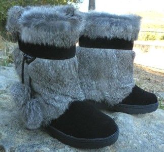   II Real Rabbit FUR EXOTIC Winter Apres Ski Mukluk Boots Black  