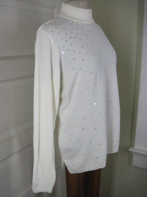 QUACKER FACTORY Ivory White Sequins Mock Tneck Sweater L  