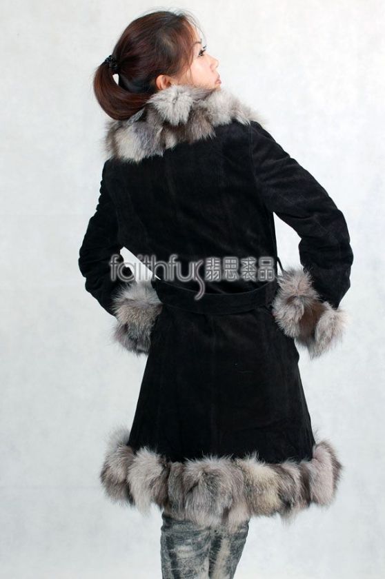 Pig Suede Leather Long Coat with Silver Fox Fur Trimmed  