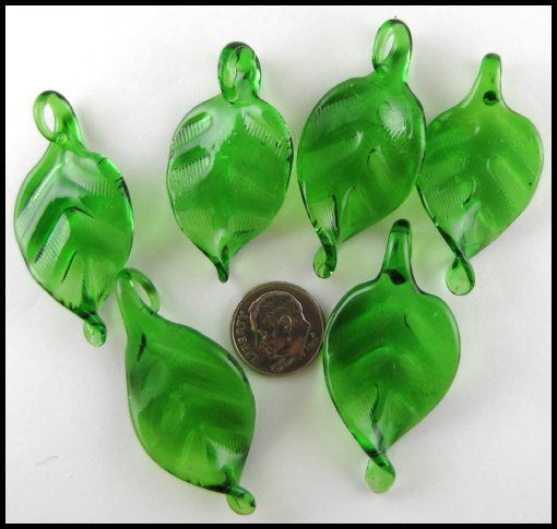 Lampwork Glass Pendant Set GREEN TWISTED LEAF (6)  