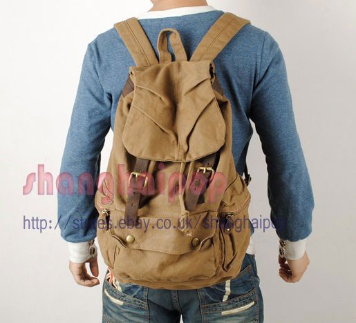 Khaki Retro Canvas Rucksack Backpack Bag Travel School  