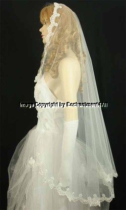 IVORY WEDDING BRIDAL VEIL FINGERTIP EMBROIDERED LACE, 5  