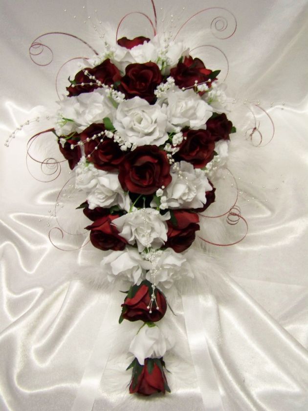 Wedding Flowers = BRIDAL ROSES/FEATHER TEARDROP BOUQUET  