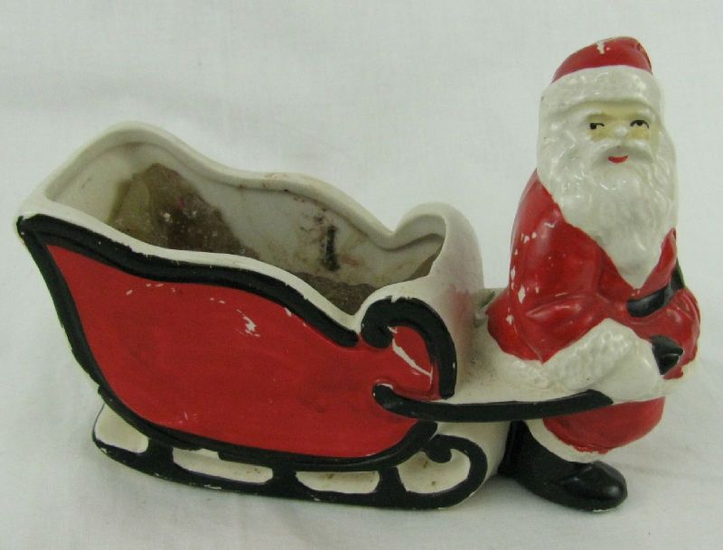 Vintage Ceramic Santa Clause Sleigh Christmas Planter  