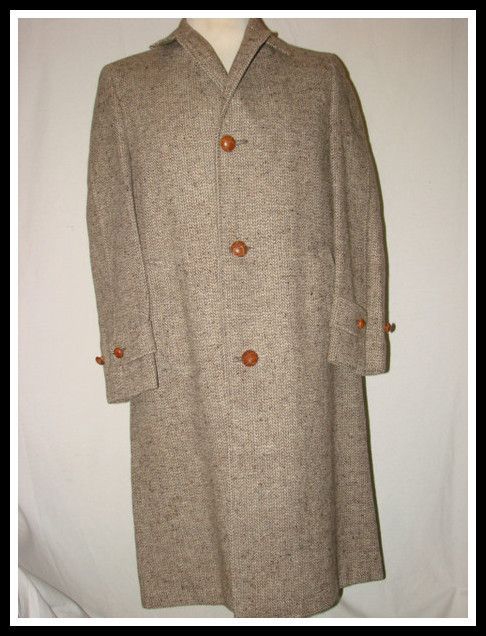 Vtg 50s HARRIS TWEED MENS OVERCOAT Sz 40   42 Dark Green/Cream/Brown 