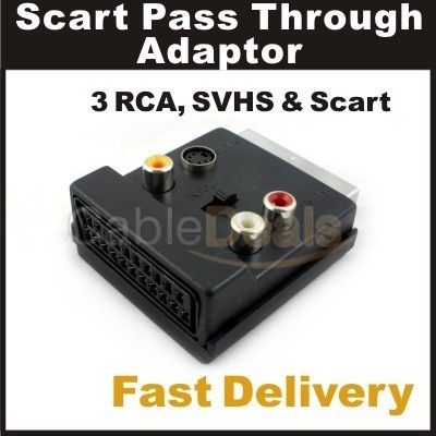 Scart Pass Through Adaptor with SVHS & 3 Phono RCA UK  
