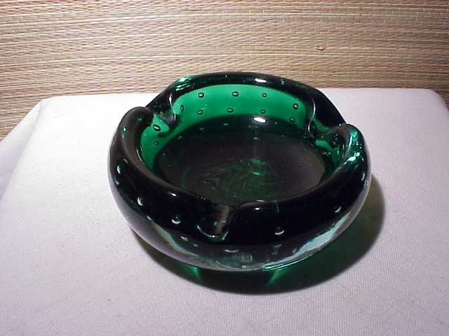 Vintage Murano ART GLASS THICK GREEN BUBBLE Ashtray Bowl Italy Italian 