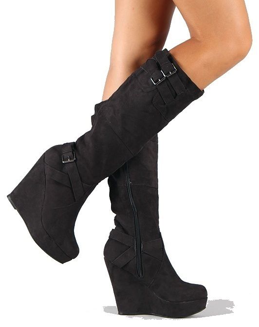 BLACK/BROWN WEDGE SUEDE Round Toe BUMPER Knee high BOOT Heel Shoe 