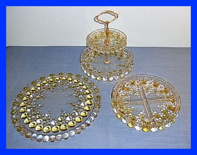 BUBBLE GLASS TIRED DISH & CAKE PLATE & BOWL 1950 LA2/42  