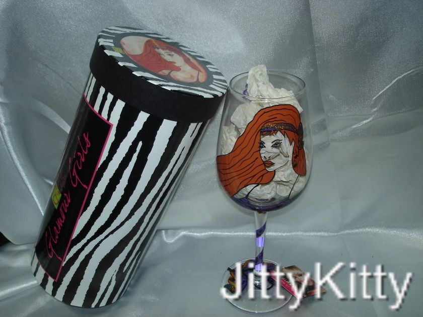 CYHAFI COUTURE PAMPERED PETS, GLAMOUR GIRLS HAND PAINTED WINE GLASS 