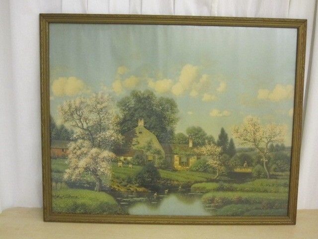 Antique Wood and Gesso Frame w Antique Print Signed by Artist Roe Drew 