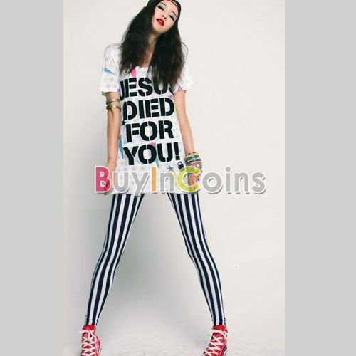 New Fashion Lady Chic Look Vertical Stripe Zebra Leggings Tights 