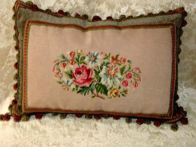 PRETTY VINTAGE FLORAL 1 OF A KIND NEEDLEPOINT PILLOW  