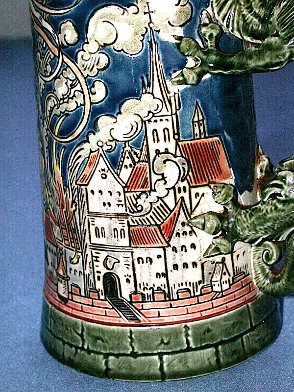 Rare 1899 Mettlach St. Florian Extinguishing Fire Dragon Handle Stein 