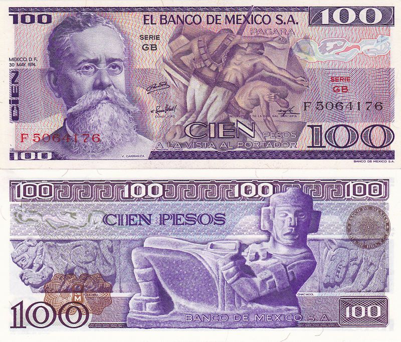 Mexico $ 100 Pesos V Carranza May 30, 1974 UNC F5064176  