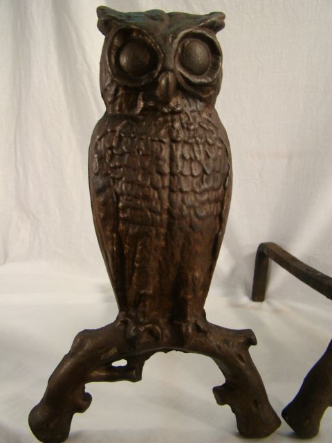   VICTORIAN Estate CAST IRON Figural OWL Fireplace ANDIRONS  