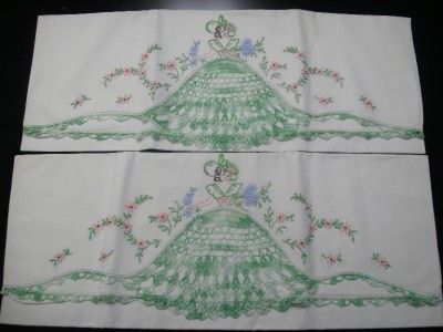 Antique VTG Southern Belle HAND EMBROIDERED PILLOW CASE SET Shabby 