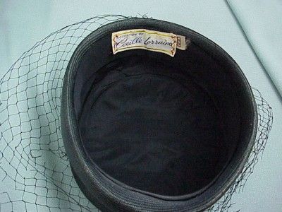 vintage 50s cecille lorraine black straw pillbox hat