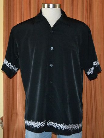   SLEEVE BLACK 100% POLYESTER EMBROIDERED TRIBAL SHIRT MENS LARGE  