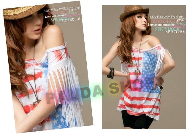   Orange Tassel Stripe Women Sloping Shoulder T shirt Tops Blouse Idio