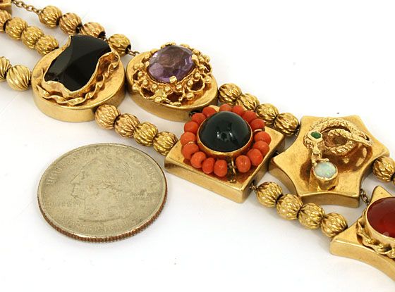   VINTAGE 14K GOLD & GEMS HEFTY LADIES SLIDE CHARM BRACELET  