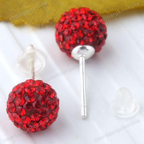 2pc 925 Sterling Silver Blood Red Czech Crystal Ball 6mm Earrings Stud 