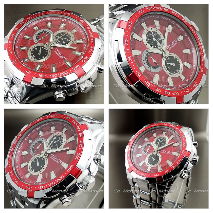 NEW WATER CLOCK HOURS DIAL RED ANALOG LUXURY SPORT MEN STEEL WRIST 