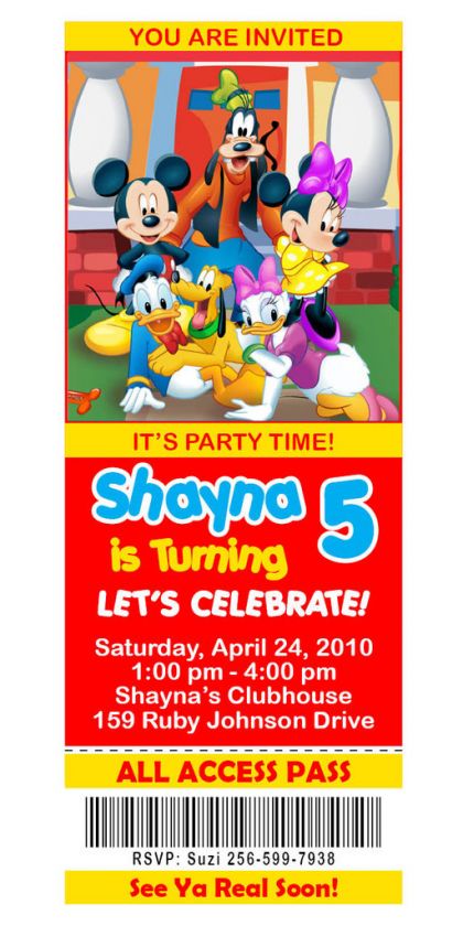 Mickey Mouse Clubhouse Personalized Ticket Invitations  