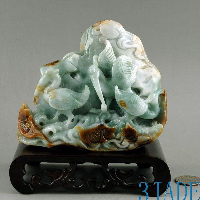 Nature Jadeite Jade Carving / Sculpture Cranes Fish  